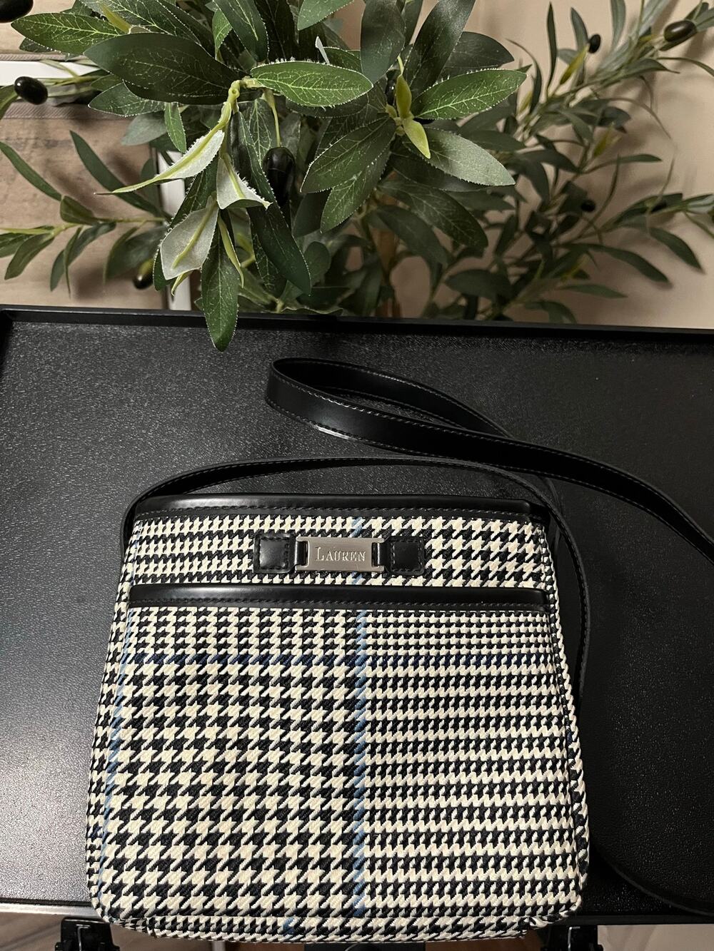 Lauren Ralph Lauren Houndstooth Plaid Crossbody Bag Black Cream Blue